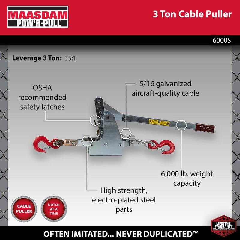 Maasdam Pow'R Pull 6,000 lb. 3-Ton Capacity 12 ft. Max Lift 35:1 Leverage Winch Puller Come Along Tool with Included Cable - 6000S