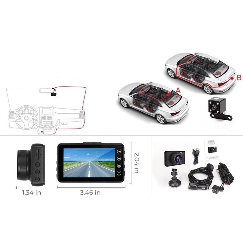 Lukyamzn 3 in. Screen Dual Dash Cam with Front Rear Camera Parking Monitor G-Sensor Motion Detection Loop Recording - SA2127B001