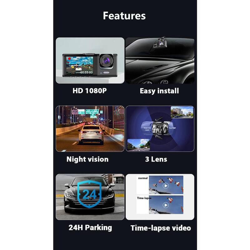 Ahfiwaso 3-Lens Car Dash Cam Video Recorder with Front Inside Rear Camera G-Sensor Night Vision Parking Monitor - 27CSA21001