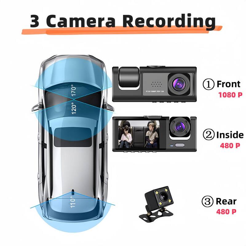 Ahfiwaso 3-Lens Car Dash Cam Video Recorder with Front Inside Rear Camera G-Sensor Night Vision Parking Monitor - 27CSA21001