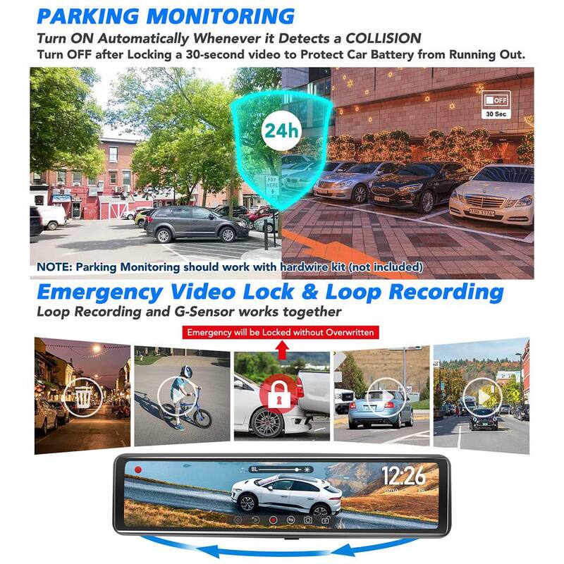 Ahfiwaso HD 12 in. Mirror Dash Cam Dual Lens Touch Screen with Detached Front Camera,Backup Rear View,Night Vision, Park Assist. - 27CPH032005