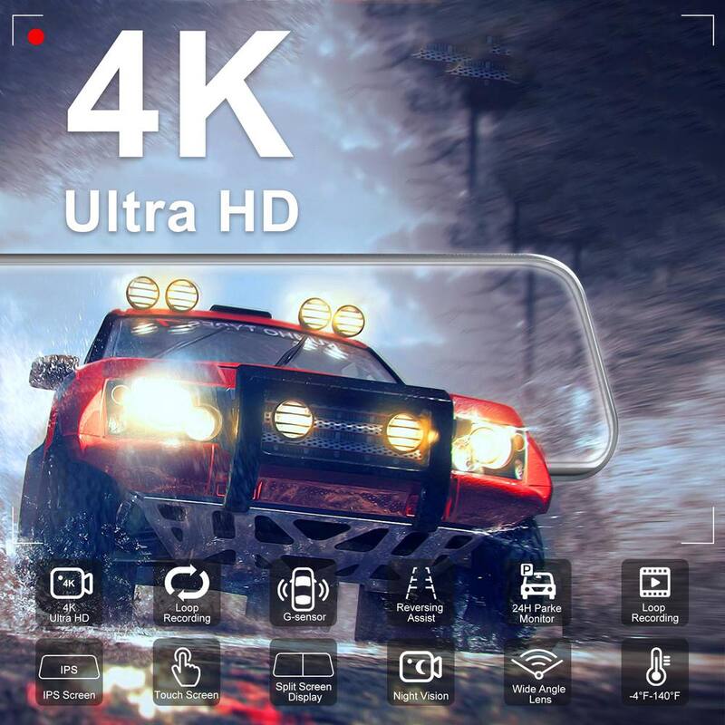 Etokfoks 4K Mirror Dash Cam Front and 1080P Rear View with 10 in. IPS Touch Screen Rear View Smart Dual Camera Free 64GB Card - MLSA04-4LT096