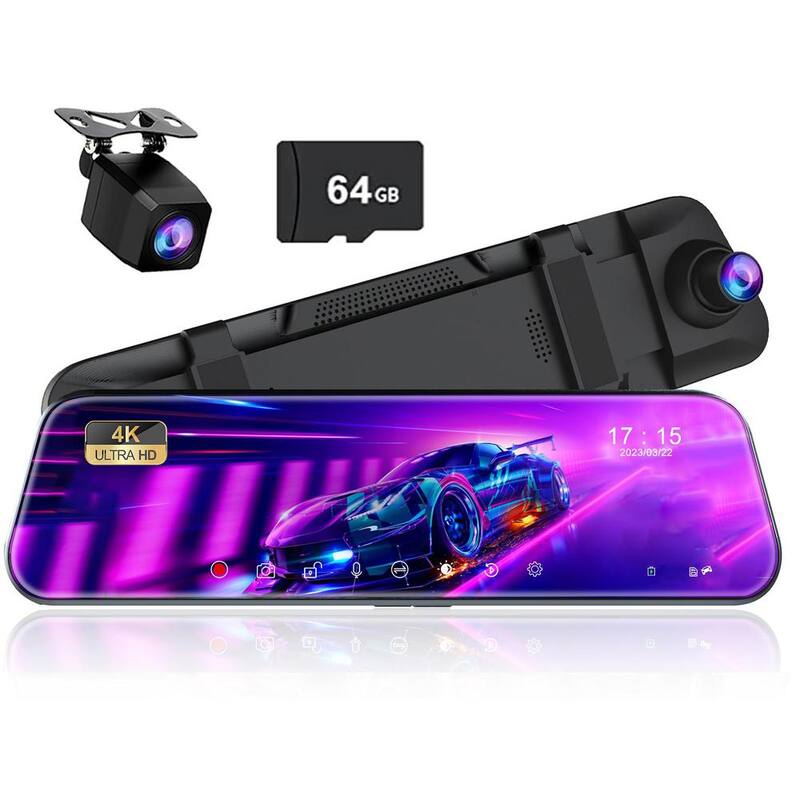 Etokfoks 4K Mirror Dash Cam Front and 1080P Rear View with 10 in. IPS Touch Screen Rear View Smart Dual Camera Free 64GB Card - MLSA04-4LT096
