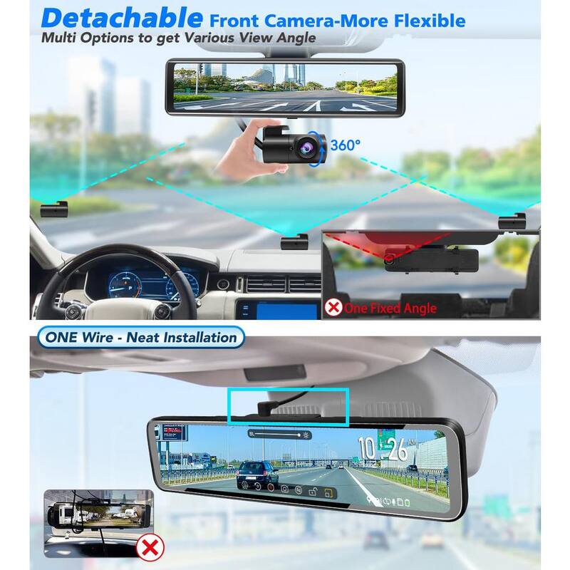 Etokfoks 12 in. Rear View Dash Cam w/Detached Front Camera Anti Glare Full Touch Split Screen HD 1296P Dual Lens with Sony Sensor - MLSA04-4LT094