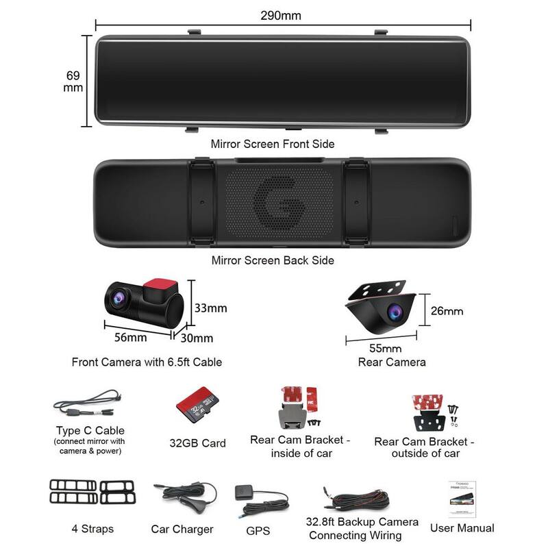 Etokfoks 12 in. Rear View Dash Cam w/Detached Front Camera Anti Glare Full Touch Split Screen HD 1296P Dual Lens with Sony Sensor - MLSA04-4LT094