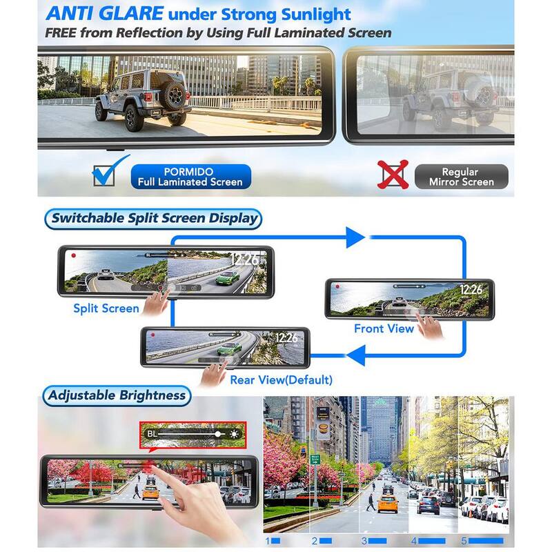 Etokfoks 12 in. Rear View Dash Cam w/Detached Front Camera Anti Glare Full Touch Split Screen HD 1296P Dual Lens with Sony Sensor - MLSA04-4LT094