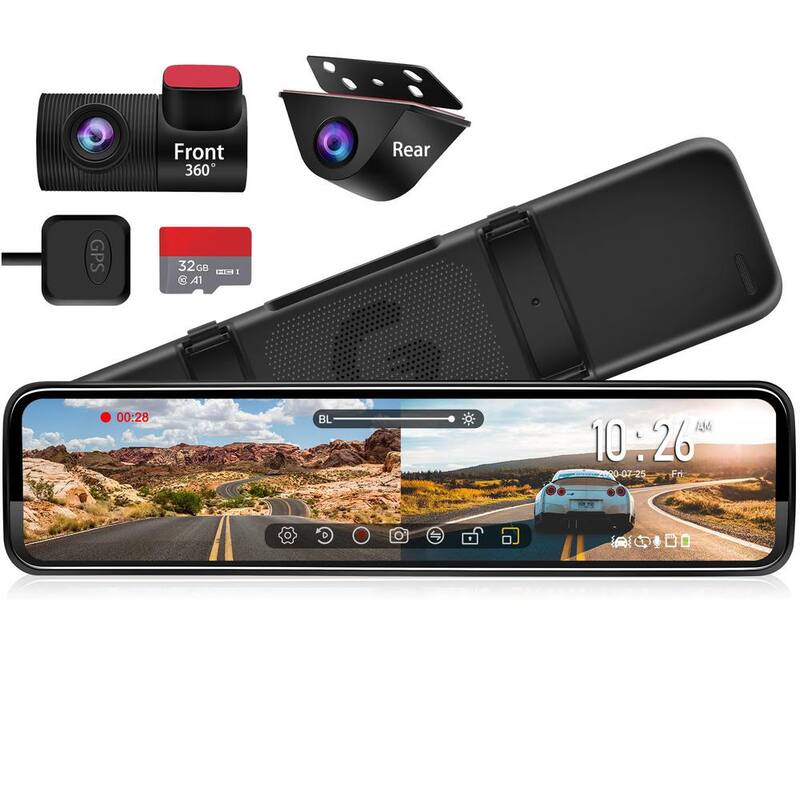 Etokfoks 12 in. Rear View Dash Cam w/Detached Front Camera Anti Glare Full Touch Split Screen HD 1296P Dual Lens with Sony Sensor - MLSA04-4LT094