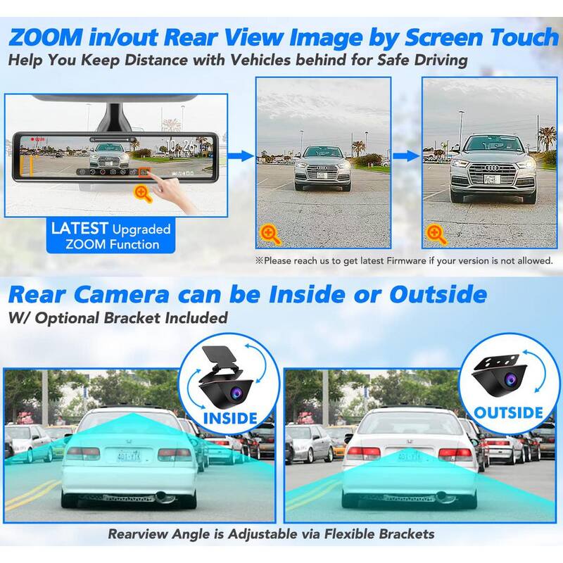 Etokfoks 12 in. Rear View Dash Cam w/Detached Front Camera Anti Glare Full Touch Split Screen HD 1296P Dual Lens with Sony Sensor - MLSA04-4LT094