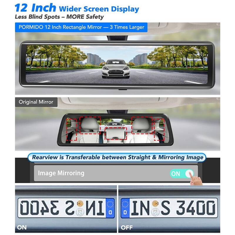 Etokfoks 12 in. Rear View Dash Cam w/Detached Front Camera Anti Glare Full Touch Split Screen HD 1296P Dual Lens with Sony Sensor - MLSA04-4LT094