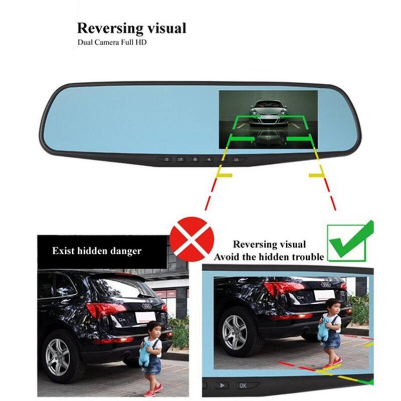 Etokfoks 4.3 in. Rear View Mirror Video Recorder Back Up Car Camera Dual Lens with Night Vision Front & Rear for Backup Security - MLSA04-4LT091