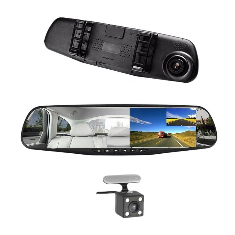 Etokfoks 4.3 in. Rear View Mirror Video Recorder Back Up Car Camera Dual Lens with Night Vision Front & Rear for Backup Security - MLSA04-4LT091
