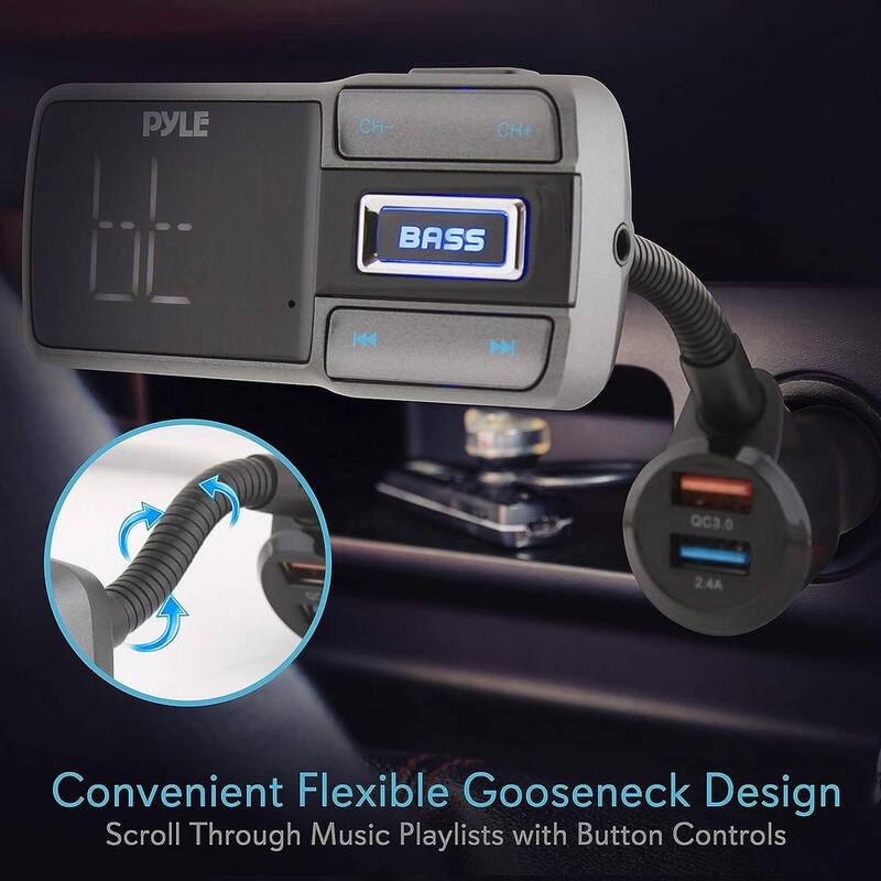 PYLE Bluetooth Car FM Transmitter with USB Quick Charge, Hands-Free Talking Wireless Car Adapter with MP3/AUX/USB/Micro SD - PBT99
