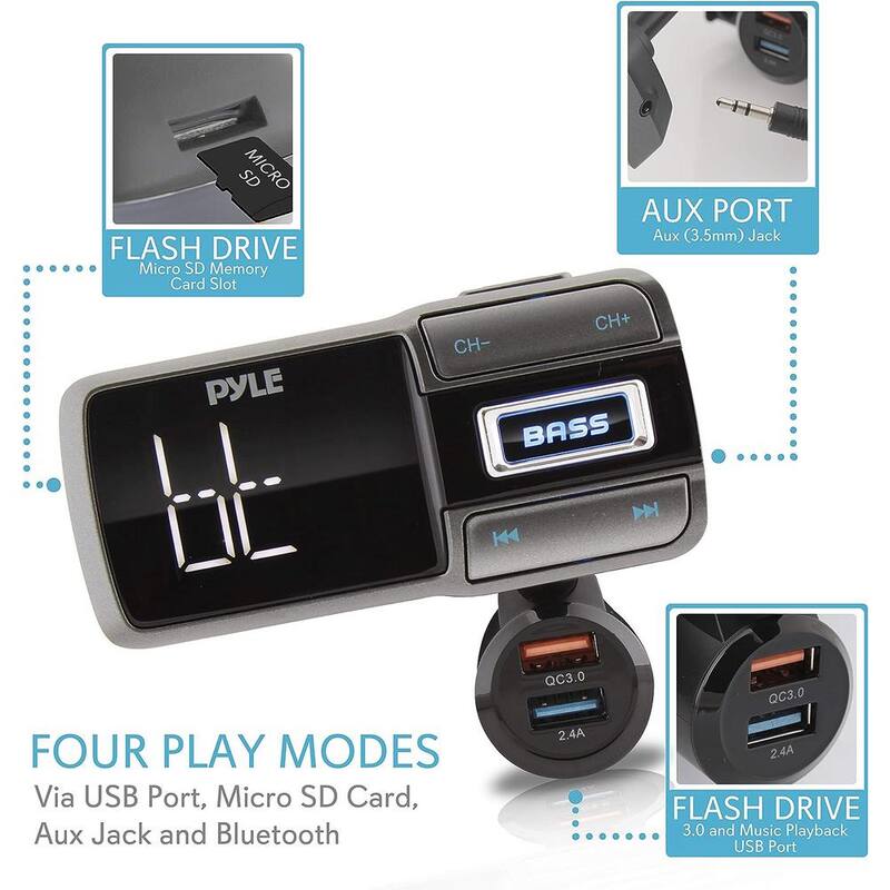 PYLE Bluetooth Car FM Transmitter with USB Quick Charge, Hands-Free Talking Wireless Car Adapter with MP3/AUX/USB/Micro SD - PBT99