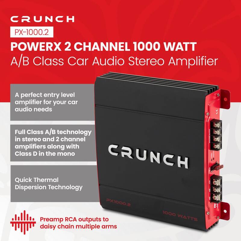 Crunch 2 Channel 1000-Watt Amp A/B Class Car Audio Stereo Amplifier PX-1000.2 - PX-1000.2