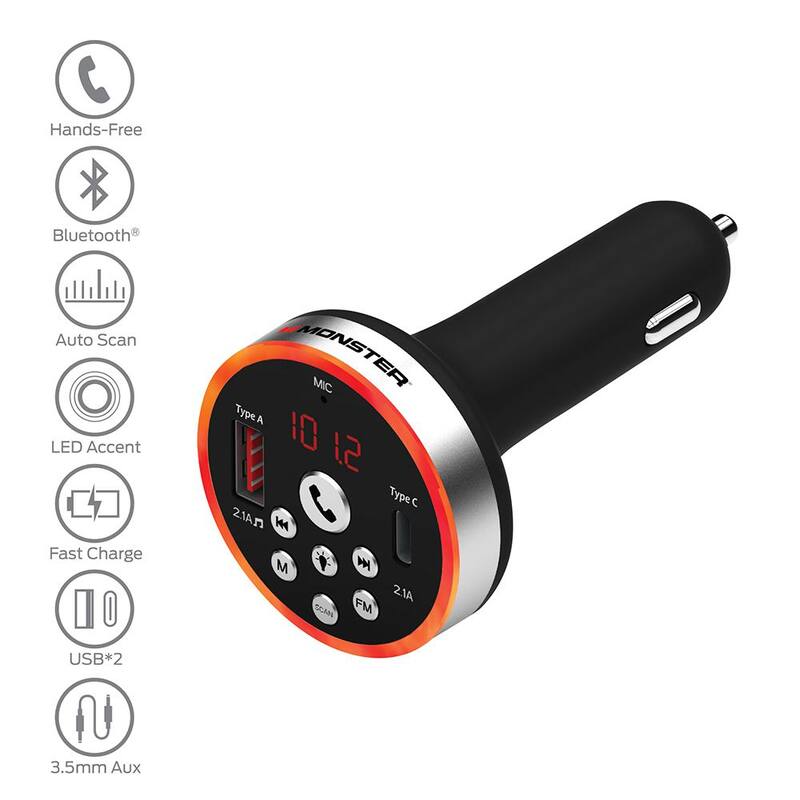 Monster Led Light Accent Bluetooth FM Transmitter - WFM9-1002-BLK