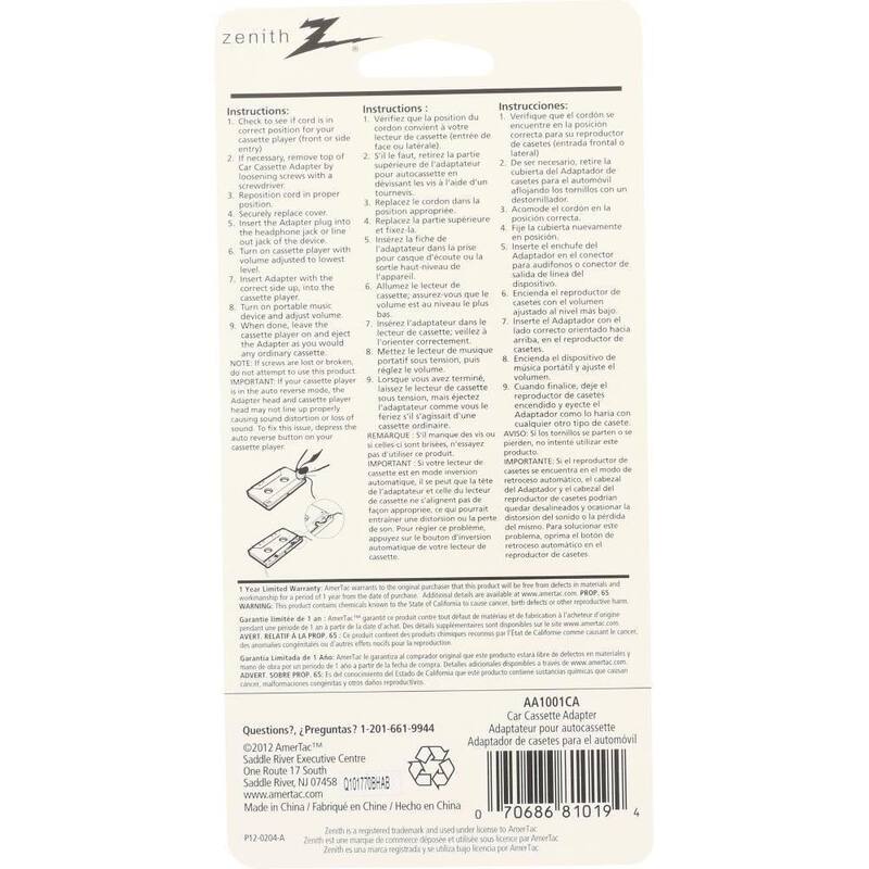Zenith Car Cassette Adapter in Black - AA1001CA