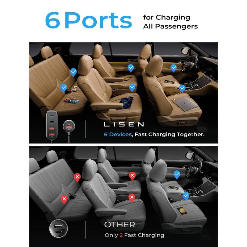 Lukyamzn Car USB Charger Multi Port 108-Watt Fast USB C Car Charger PD 36-Watt & QC3.0 Cigarette Lighter in Black w/5 ft. Cable - SA21-127B021