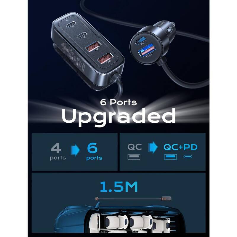 Lukyamzn Car USB Charger Multi Port 108-Watt Fast USB C Car Charger PD 36-Watt & QC3.0 Cigarette Lighter in Black w/5 ft. Cable - SA21-127B021
