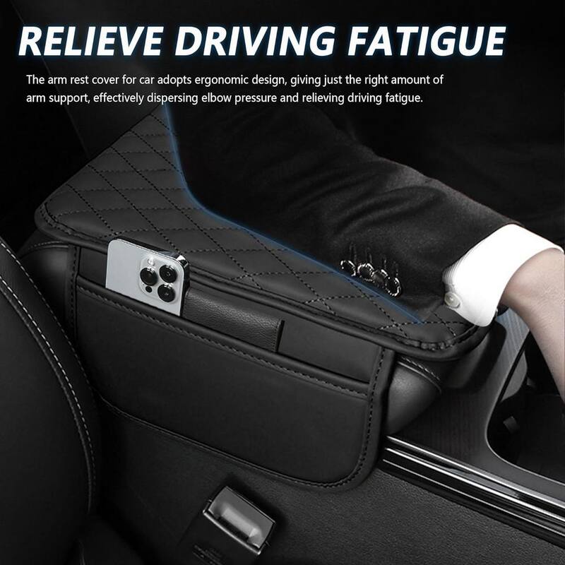 Etokfoks Microfiber Leather Car Armrest Cover Cushion with 2 Storage Bags for Most Vehicles in Black (1-Pack) - MLSA21OT011
