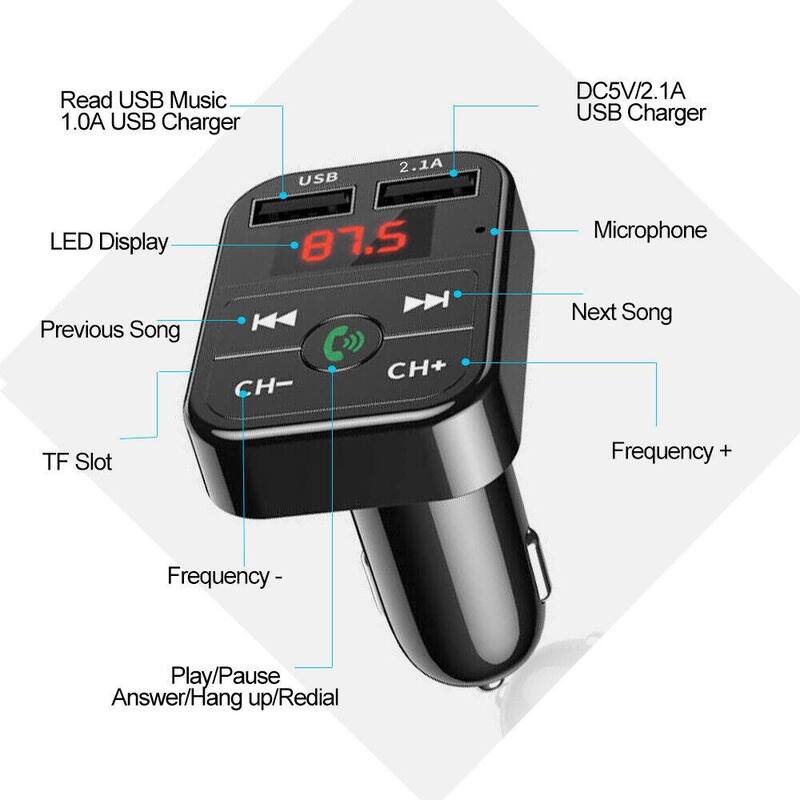 Etokfoks All Purpose Dual USB Car Adaptor Fast Charger and Bluetooth in Black - (1-Pack) - MLPH005LT737