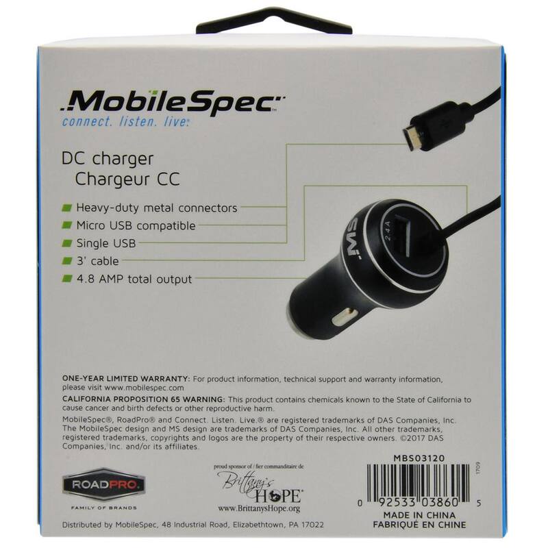 MobileSpec 12-Volt/DC 2.4 Amp USB Charger with Micro USB Cable in Black - MBS03120