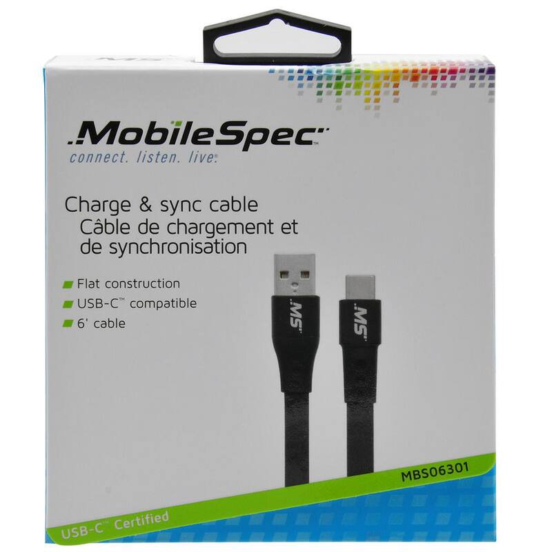 MobileSpec 6 ft. USB-C to USB Charge and Sync Flat Cable in Black - MBS06301