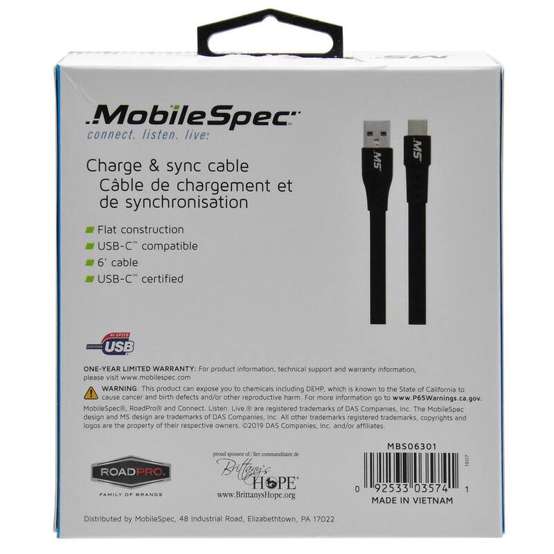 MobileSpec 6 ft. USB-C to USB Charge and Sync Flat Cable in Black - MBS06301