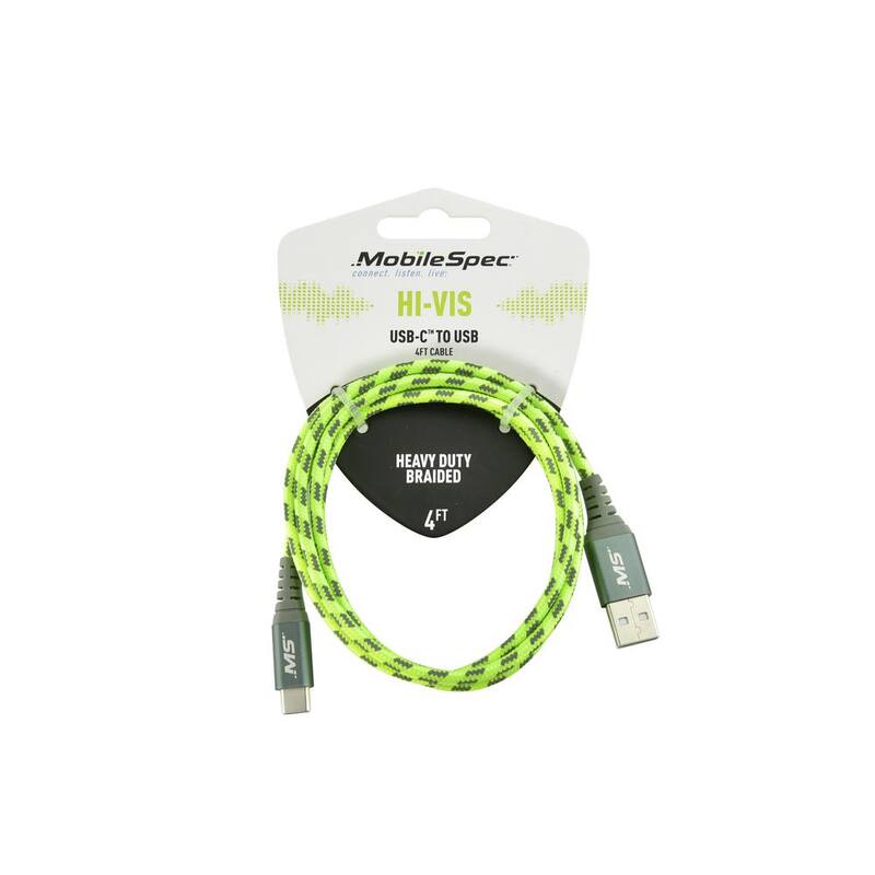 MobileSpec Hi-Vis 4 ft. USB-C to USB-A Cable, Yellow - MBSHV0432
