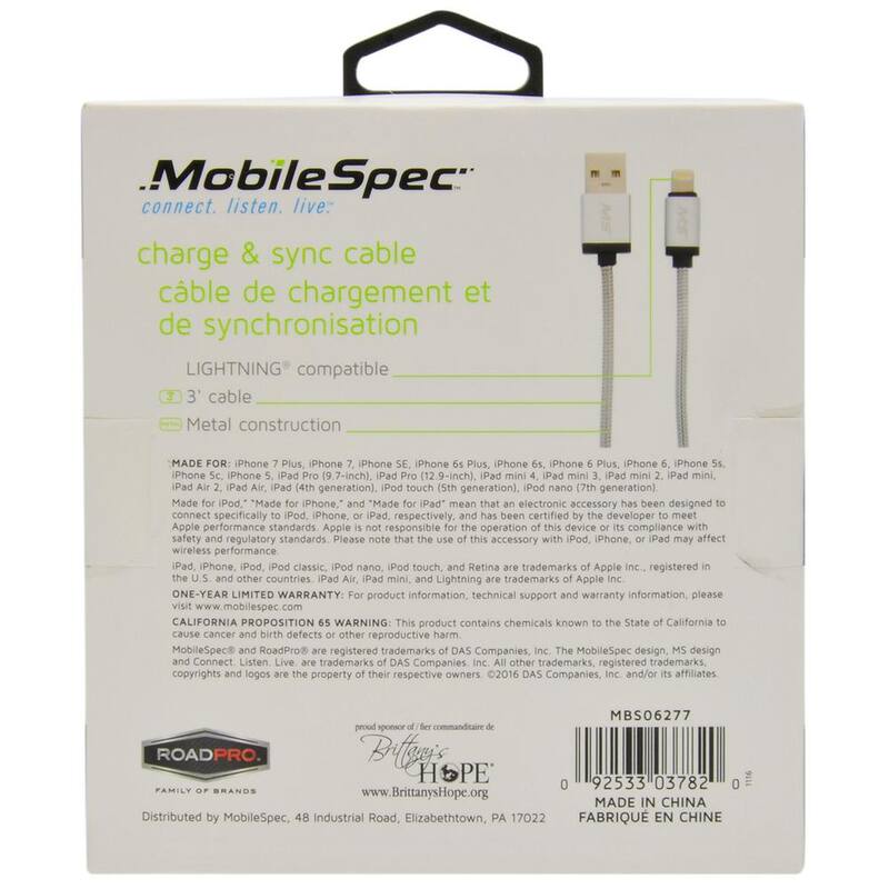 Mobile Spec 3 ft. Lightning to USB Charge and Sync Metal Cable, Silver to USB Charge and Syn - MBS06277