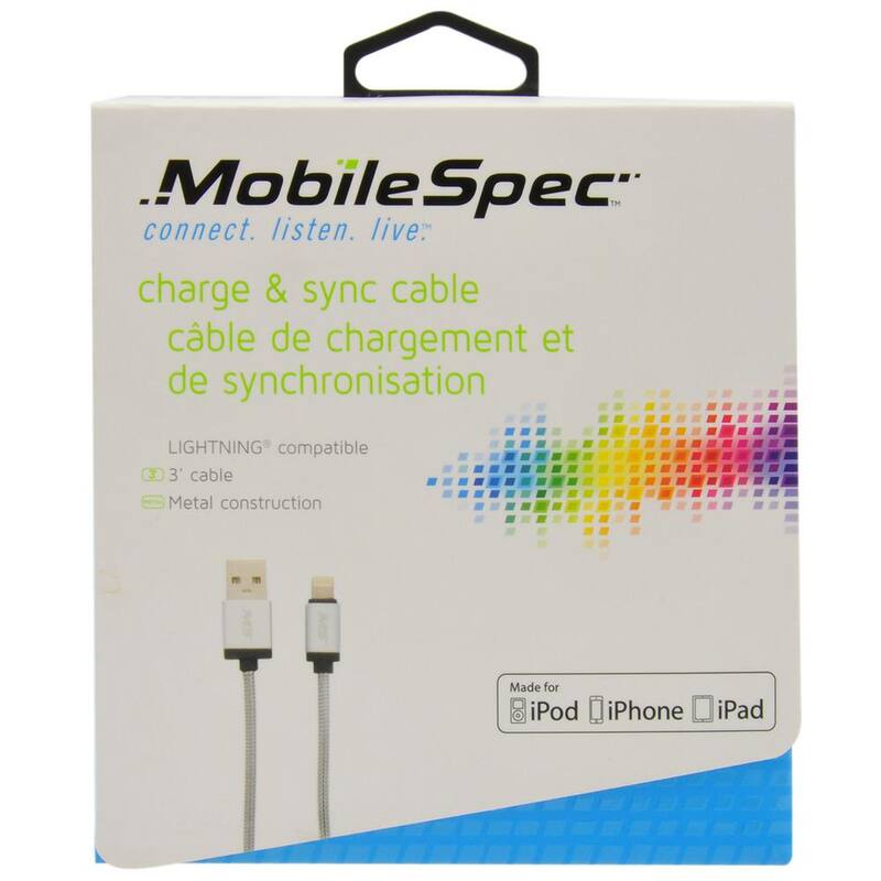 Mobile Spec 3 ft. Lightning to USB Charge and Sync Metal Cable, Silver to USB Charge and Syn - MBS06277