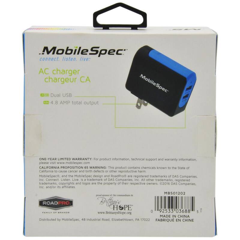 MobileSpec AC Dual 2.4 Amp and 2.4 Amp USB Charger in Black/Blue - MBS01202