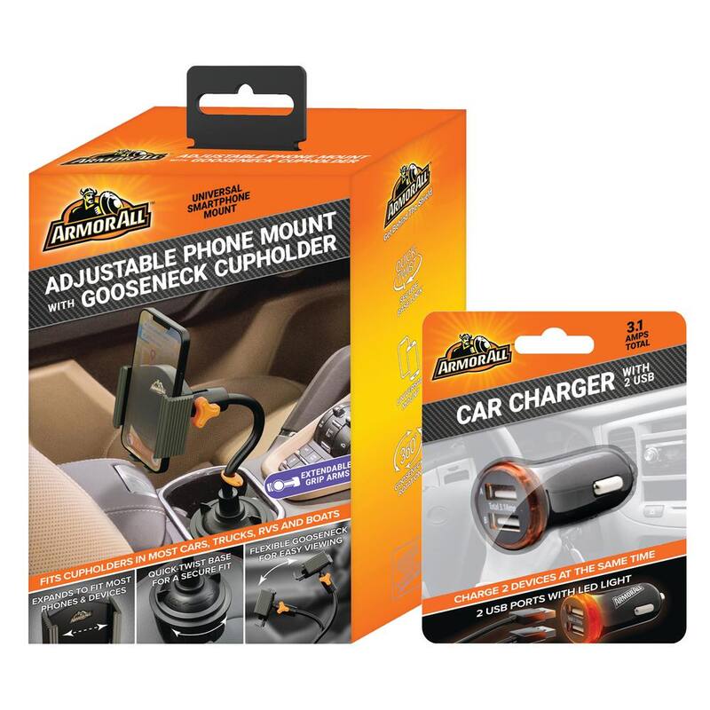 Armor All Cupholder Phone Charging Bundle, Adjustable Gooseneck and Car Charger 3.1 Amp - ECOM-1003-ORG