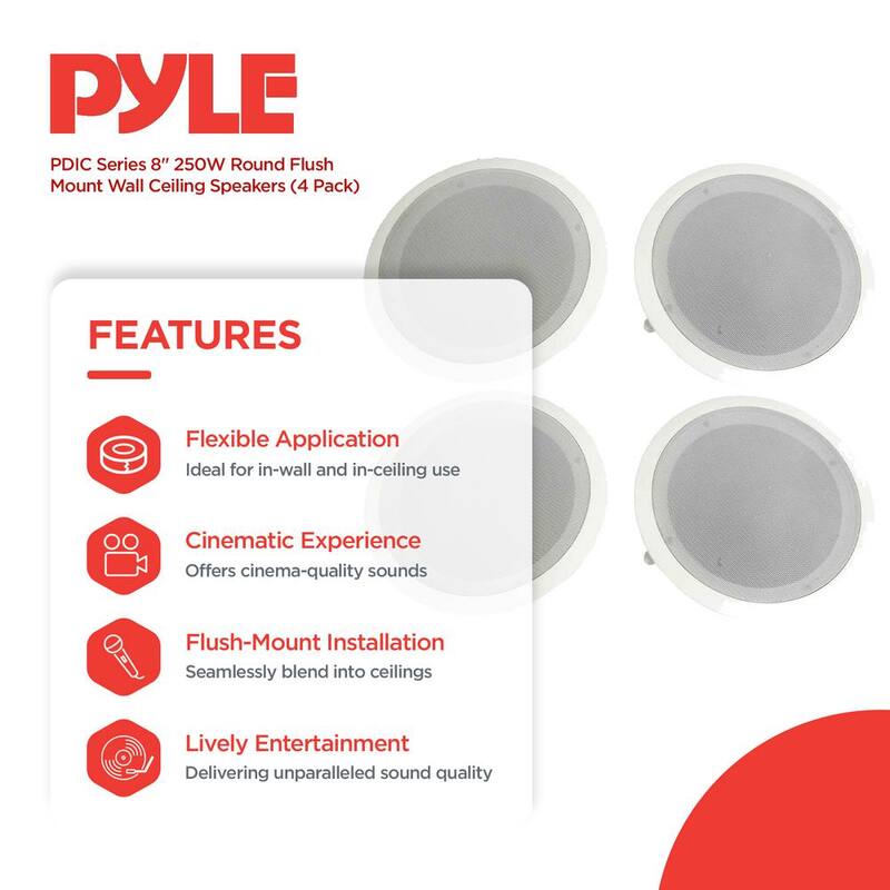 Pyle 8" Round Flush Mount Wall/Ceiling Home Speakers, 250W each, 4 pack - 2 x PDIC81RD