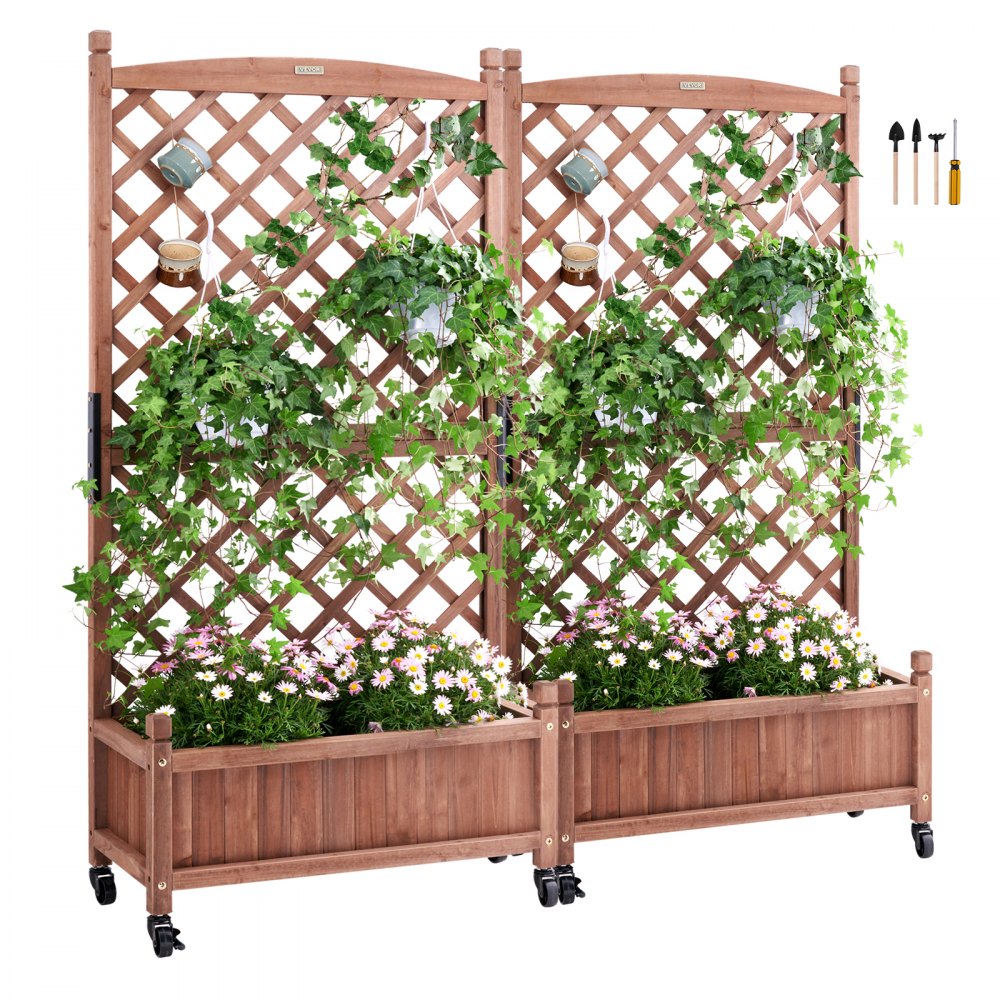 VEVOR 2PCS Raised Garden Bed with Trellis, 60"x13"x61.4" Outdoor Raised Wood Planters with Drainage Holes, Free-Standing Trellis Planter Box for Vine Climbing Plants Flowers in Garden, Patio, Balcony - Z75X31X150CM2K2NRV0