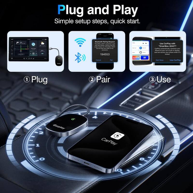 Etokfoks Wireless CarPlay Adapter 2024 Upgraded Plug and Play Car Play Wireless Adapter Compatible with iPhone, Black Finish - MLSA04-3LT192