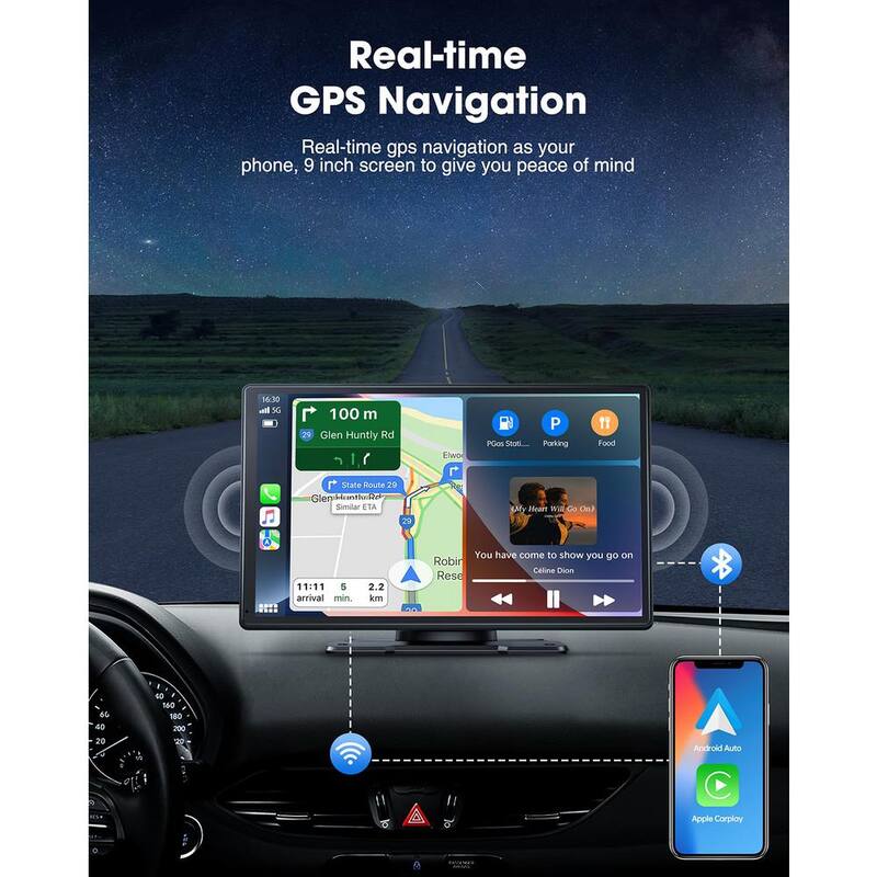 Ahfiwaso 9 in. Portable Wireless Car Stereo with Apple Carplay and Android Auto Bluetooth Airplay AUX GPS Navi for All Vehicle - 27CPH032003