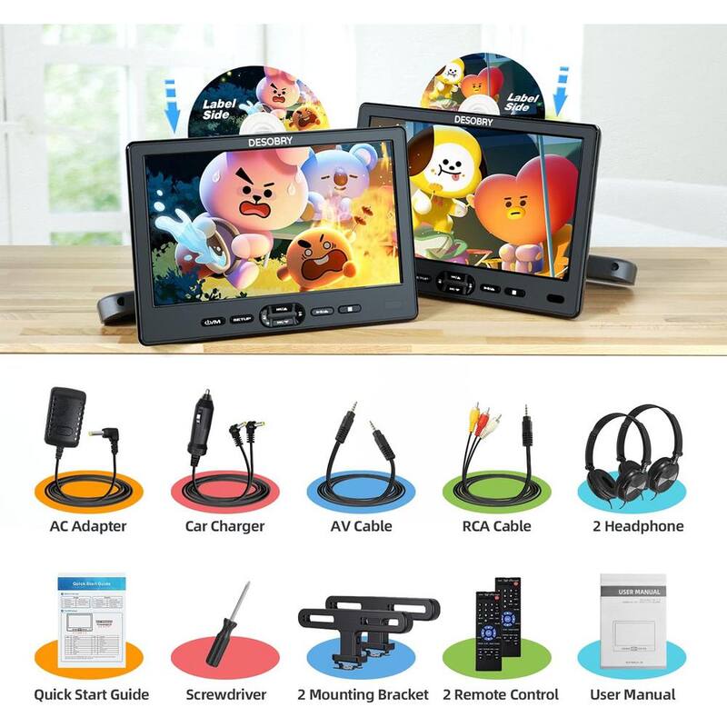 Etokfoks 10.5 in. Portable Car DVD Player with Suction-Type Disc in Dual Screen Headrest Mount 1080P Video HDMI USB/SD - MLSA04-3LT234
