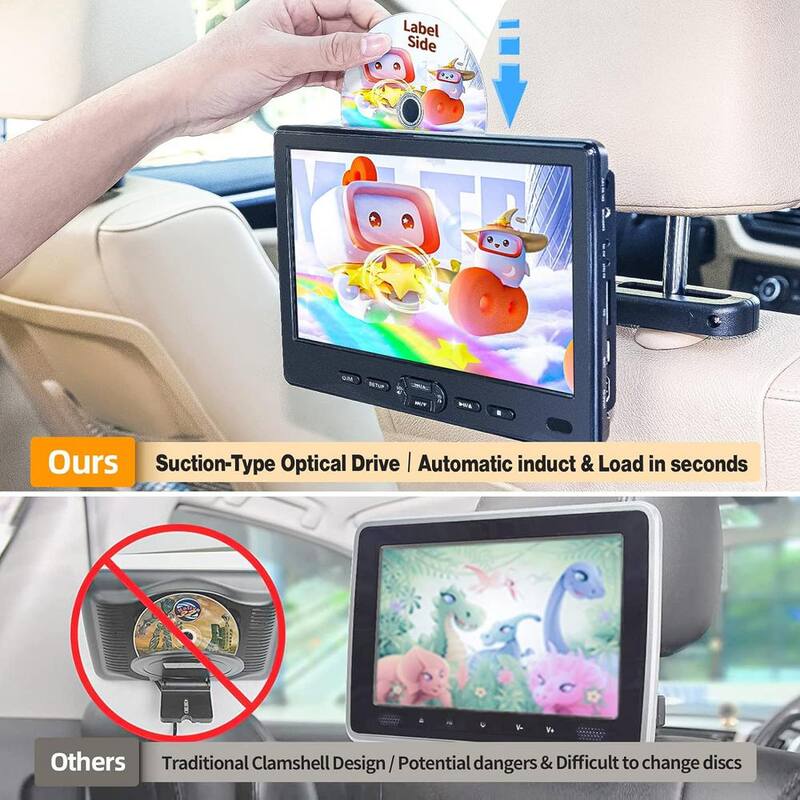 Etokfoks 10.5 in. Portable Car DVD Player with Suction-Type Disc in Dual Screen Headrest Mount 1080P Video HDMI USB/SD - MLSA04-3LT234