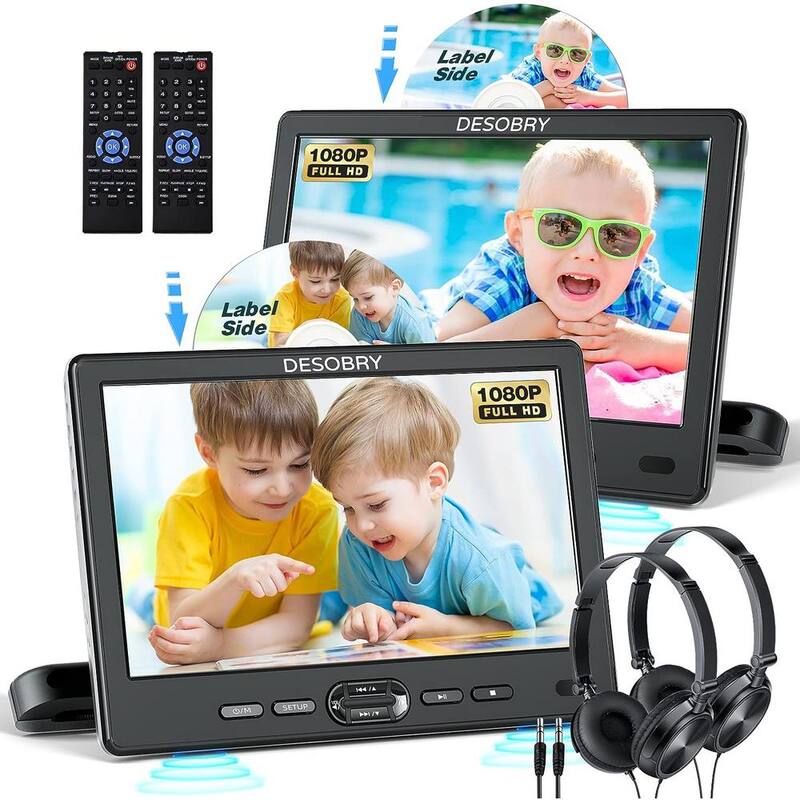 Etokfoks 10.5 in. Portable Car DVD Player with Suction-Type Disc in Dual Screen Headrest Mount 1080P Video HDMI USB/SD - MLSA04-3LT234