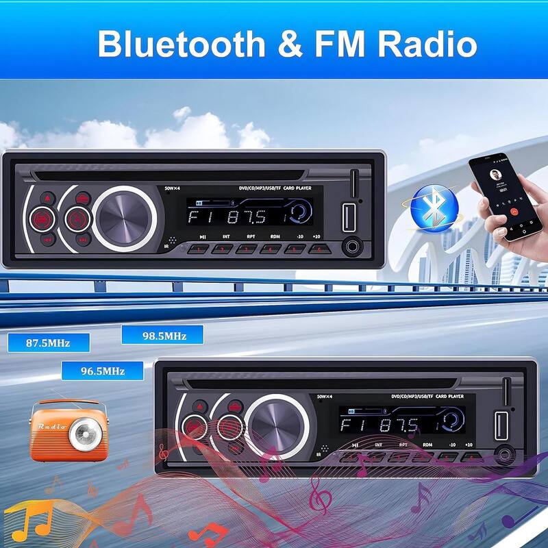 Etokfoks Single Din Car Radio CD Player, Car DVD Player w/Bluetooth Hands-Free Calling Car Stereo MP3 Car Player w/Video Output - MLSA04-3LT214
