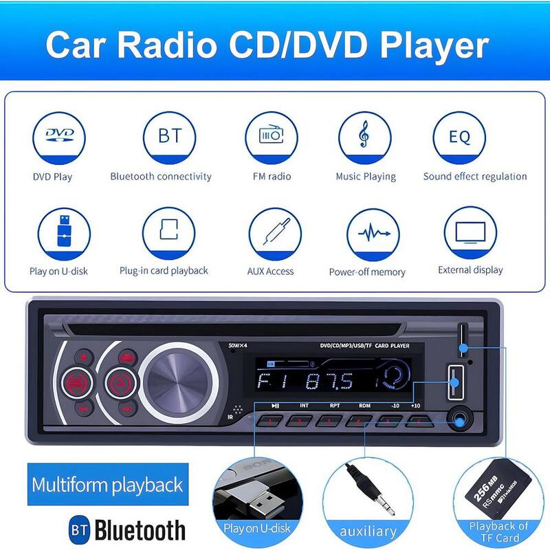 Etokfoks Single Din Car Radio CD Player, Car DVD Player w/Bluetooth Hands-Free Calling Car Stereo MP3 Car Player w/Video Output - MLSA04-3LT214