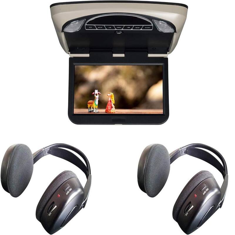 Etokfoks 10.1 in. Hi-Res DVD LED Back-lit Overhead Monitor with 2 Pair of Wireless Headphones Fold-Flat Headphone in Clamshell - MLSA04-3LT210