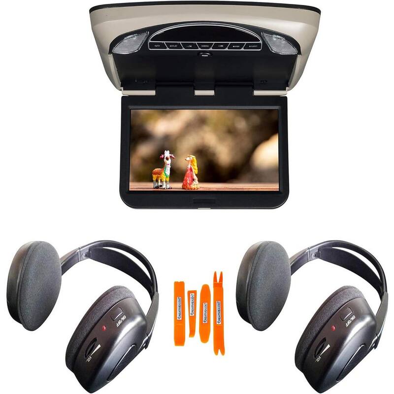 Etokfoks 10.1 in. Hi-Res DVD LED Back-lit Overhead Monitor with 2 Pair of Wireless Headphones Fold-Flat Headphone in Clamshell - MLSA04-3LT210