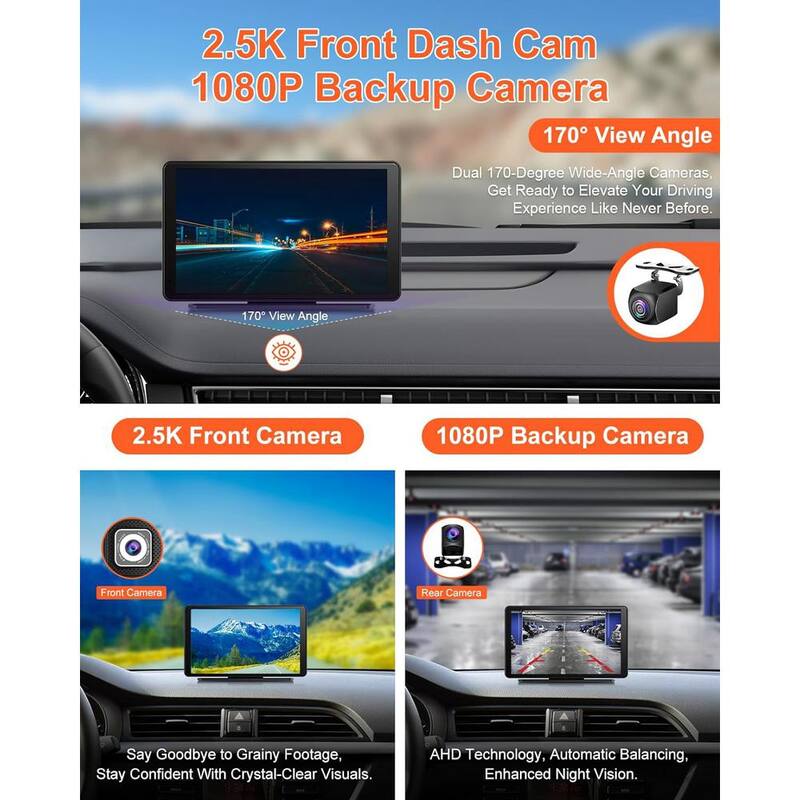 Etokfoks 7 in. Portable Carplay Screen for Car with 2.5K Dash Cam Apple Carplay and Android Auto Screen HD IPS Touch Screen - MLSA04-3LT206