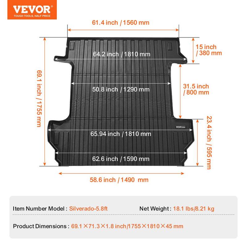 VEVOR Truck Bed Mat,Compatible with Chevrolet Silverado/GMC Sierra 1500,TPE Truck Bed Liner Mat Fits for 5.8 ft. Bed - TPEKCCCDTPEX53T9PV0