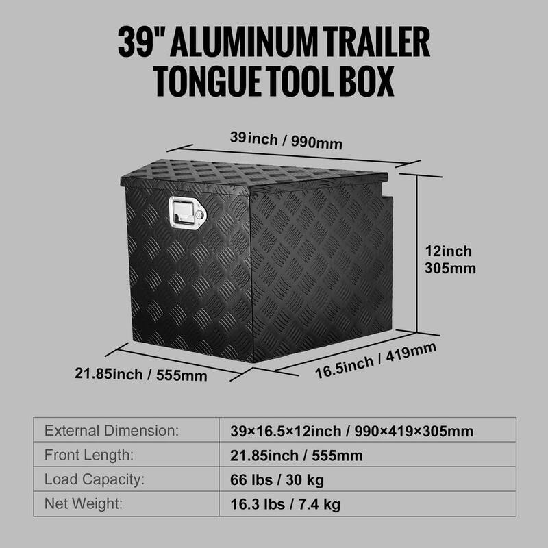 VEVOR Trailer Tongue Box 39 in. L Aluminum Alloy Diamond Plate Truck Tool Box with Lock and Keys for Pickup, Truck RV, Black - TC3916512INCHDMIJV0