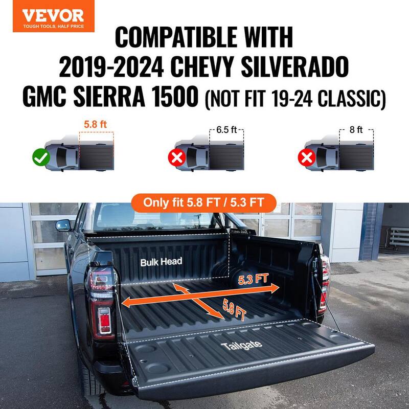 VEVOR Tri-Fold Truck Bed Tonneau Cover Compatible with 2019-2024 Chevy Silverado GMC Sierra 1500 Fit 5.8 ft.x 5.3 ft. Bed - ZDSKCHBXGZDSAPMD9V9