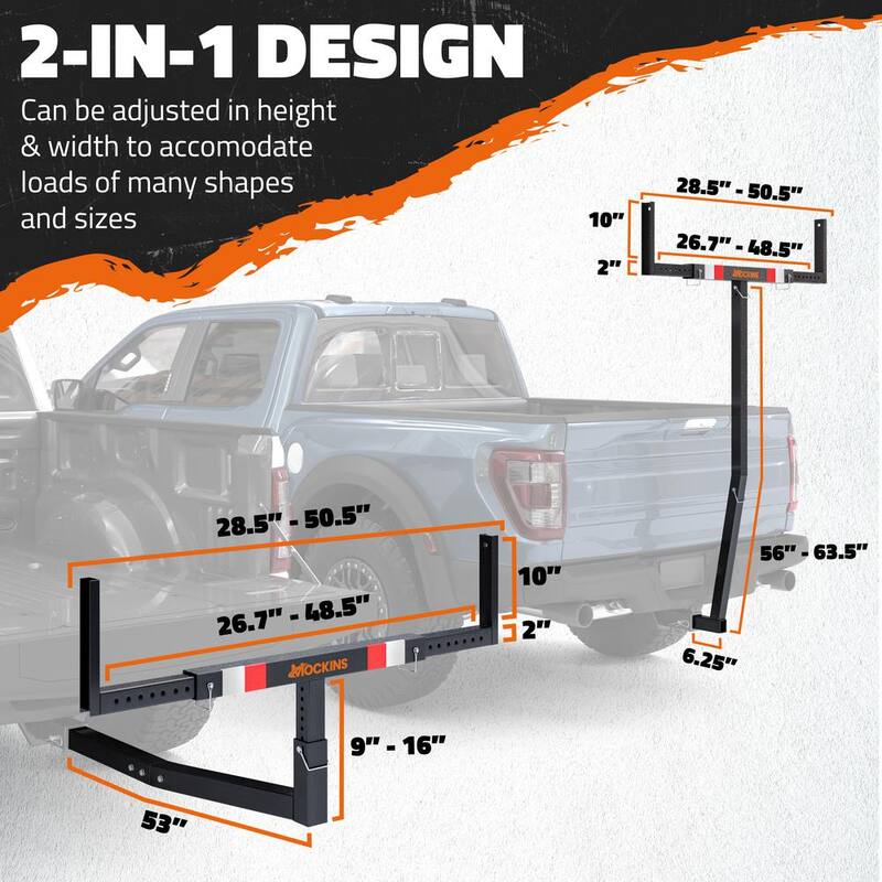 Mockins 750 lbs. Capacity Pickup Truck Bed Extender with Flag, Stabilizer and Ratchet Straps, 2-in-1 Design - MA-41