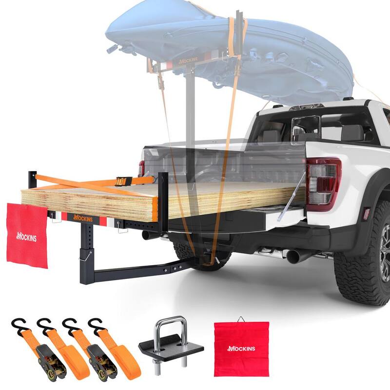 Mockins 750 lbs. Capacity Pickup Truck Bed Extender with Flag, Stabilizer and Ratchet Straps, 2-in-1 Design - MA-41