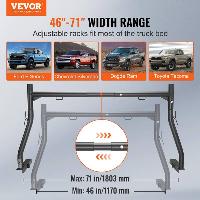 VEVOR Truck Rack 46 in. to 71 in. Extendable Truck Ladder Rack 800 lbs. Capacity Steel Ladder Rack for Kayak Surfboard Lumber - PKHJHJGXLSB511V0SV0